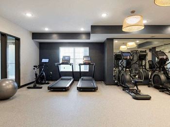 A gym with treadmilers, exercise bikes, and a large ball at The Barnum Apartments, White Bear Lake, 55110