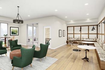 A living room with green chairs and a wooden floor at Lochner Apartments, White Bear Lake, MN,  55110