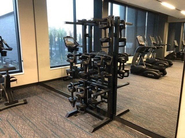 A gym with a variety of equipment including treadmills and weights.