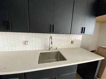 A kitchen with a sink and grey cabinets.