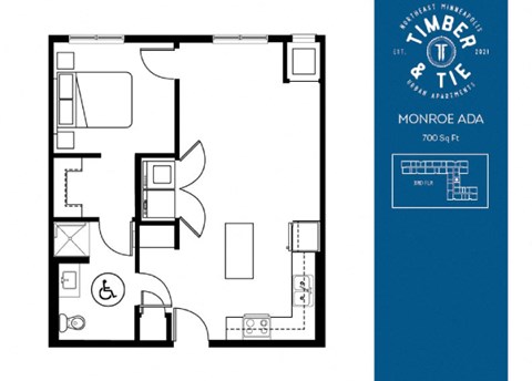 A floor plan of a 700 square foot apartment from Timberlane Apartments.