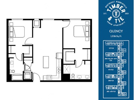 A floor plan for a Timberlane Apartments unit in Quincy, showing a living room, kitchen, and two bedrooms.