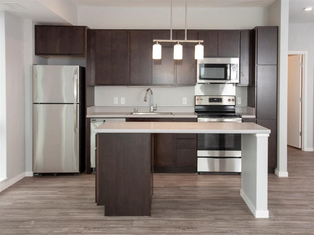 A modern kitchen with dark brown cabinets and stainless steel appliances.