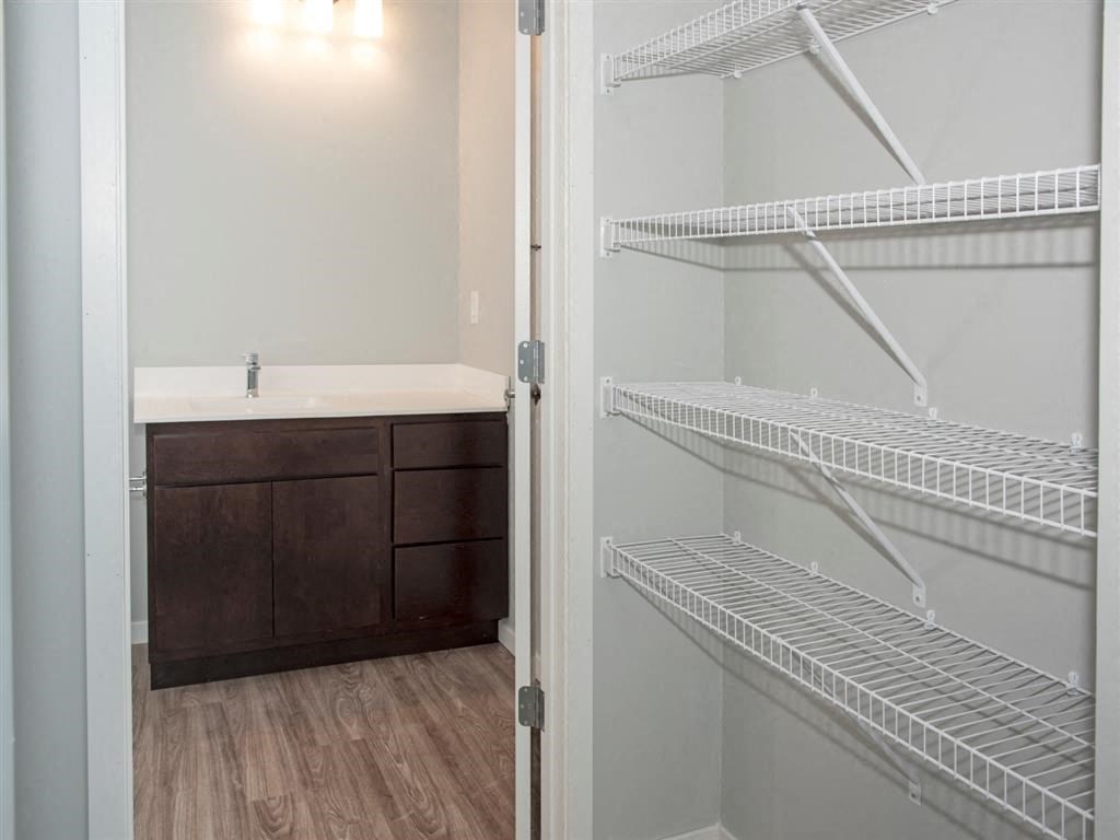 A white bathroom with a walk in closet.