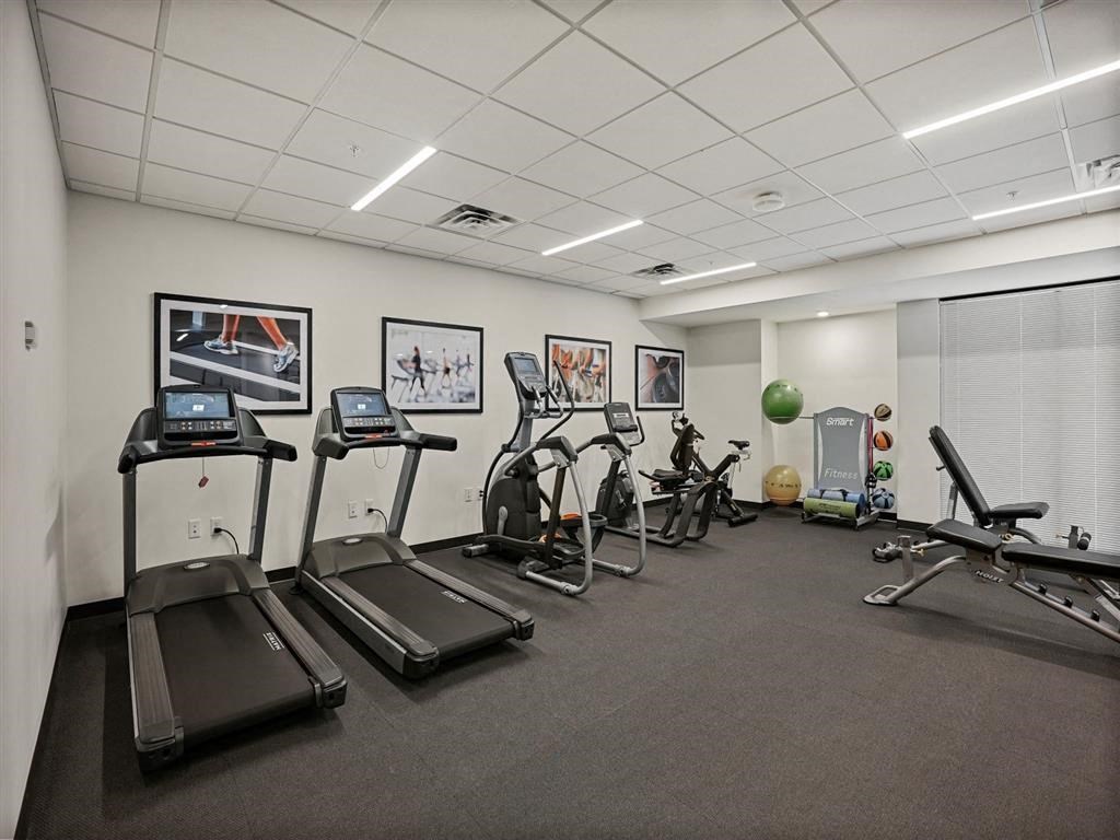A gym with treadmills, exercise bikes, and other equipment.