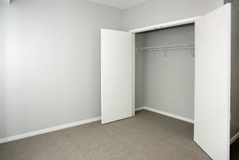 A white closet with a grey carpet and a grey wall.