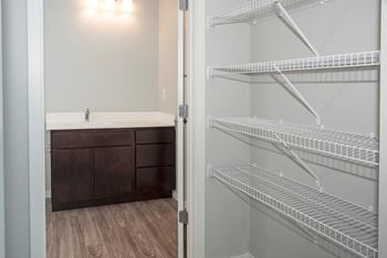 A white closet with shelves and a bathroom with a sink and vanity.