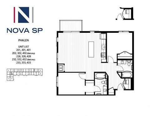 A floor plan of a Nova SP Phalen unit with a list of unit numbers.