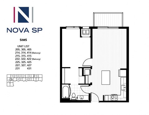 A floor plan of a building with a Nova SP logo and a unit list.