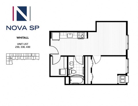 A floor plan of a Nova SP Whittall unit with unit list numbers 230, 330, and 430.