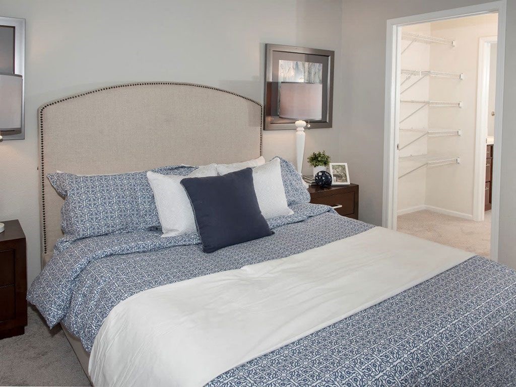 master bedroom with walkin closet, queen bed