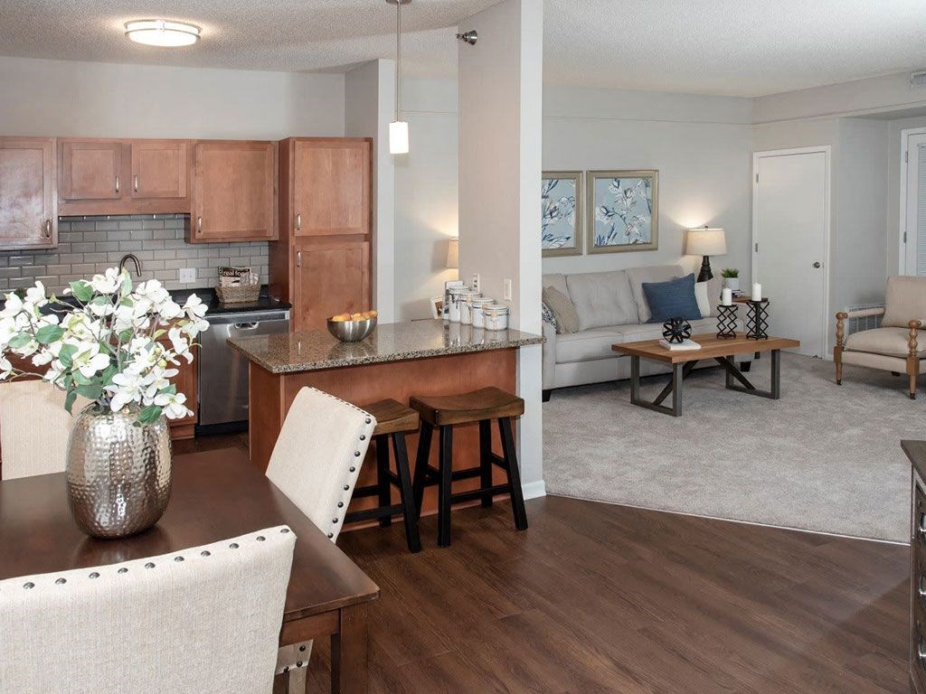 view from entry door, dining, kitchen, living room