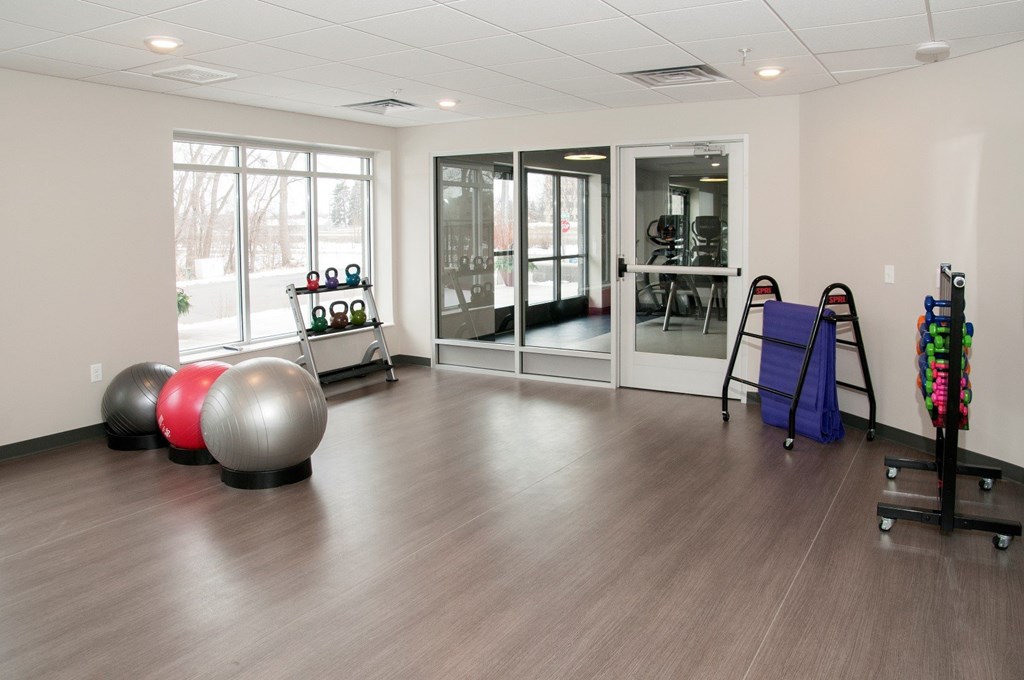 A gym room with a red, silver and black exercise ball.