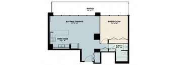 the floor plan of a small room with a bedroom and a living room