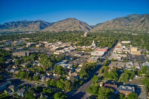 aerial view of a Logan with mountains
