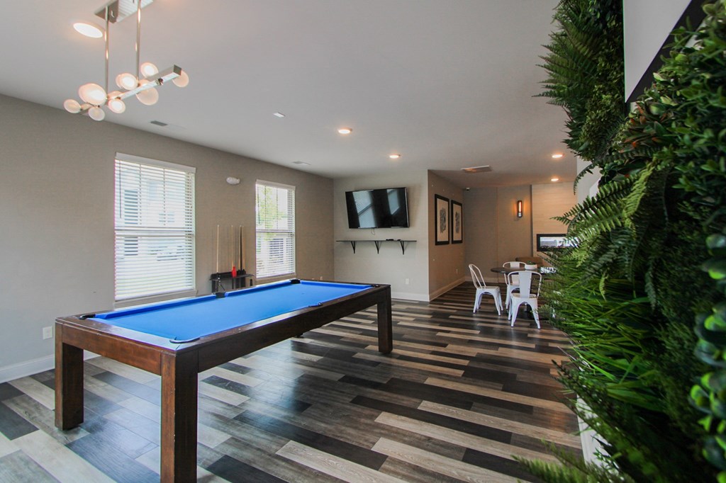 a game room with a pool table and a tv