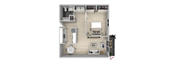 A top-down view of a small, neatly organized apartment with a kitchen, living room, and bathroom.