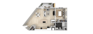 A top-down view of a house layout with a kitchen, living room, and bedrooms.
