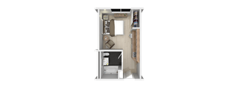 A top-down view of a small, neatly organized living space.