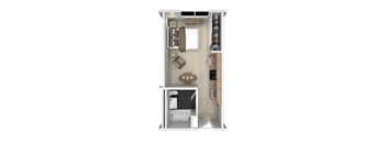A top-down view of a small, neatly organized apartment with a bed, desk, and storage areas.