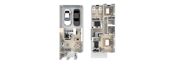 A floor plan of a two-story residential building with a garage on the first floor and a living area on the second floor.