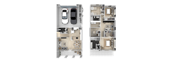 A floor plan of a two-story apartment with a garage on the first floor and a living area on the second floor.