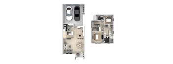 Two floor plans of a house with a garage and a living room.
