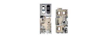 A cutaway diagram of a house showing the interior layout and a floor plan.