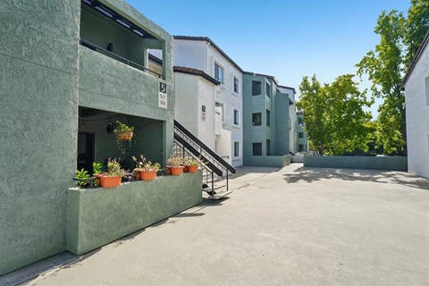 A courtyard with a building on the left and a tree on the right.