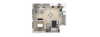 A top-down view of a small apartment with a kitchen, living room, and bathroom.