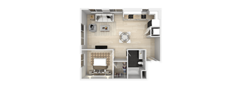 A top-down view of a small, neatly organized apartment with a kitchen, living room, and bathroom.