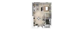 A top-down view of a small apartment with a kitchen, living room, and bathroom.