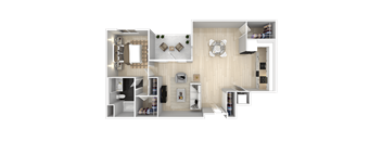 A top-down view of a modern apartment layout with a living room, kitchen, and bedrooms.