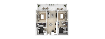 A 3D floor plan of a house with a kitchen, living room, and two bedrooms.