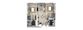 A top-down view of a small apartment layout with a kitchen, living room, and bedrooms.