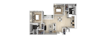 A 3D rendered image of a modern apartment layout.