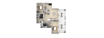 A floor plan of a house with a living room, two kitchens, a dining room, and multiple bedrooms.