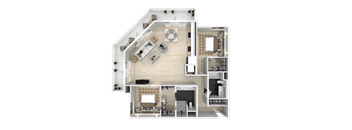 A top-down view of a house layout with a living room, kitchen, and bedrooms.