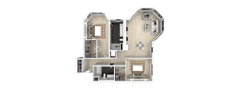 A 3D rendered image of a house layout with multiple rooms.