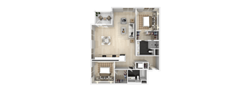 A 3D floor plan of a house with a kitchen, living room, dining room, and two bedrooms.