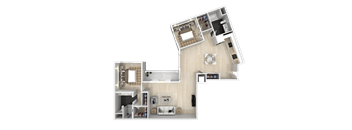 A detailed 3D floor plan of a house layout.