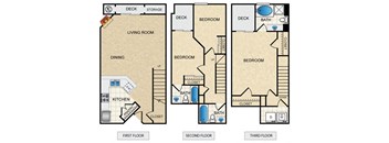 three layouts of a floor plan with two bedrooms and two baths at Warner Center Townhomes, Canoga Park California