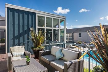 a patio with furniture and a pool in front of a house  at Skyline Heights LLC, Daly City