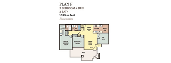floor plan of the plan f 2 bedroom  den  at The Resort at Encinitas Luxury Apartment Homes, Encinitas