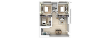 a rendering of a 3d floor plan of a house at Trailhead Apartments at Tam Junction, Mill Valley California