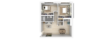 a rendering of a 3d floor plan of a house at Trailhead Apartments at Tam Junction, California, 94941