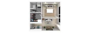a rendering of a 3d floor plan of a studio apartment  at The Preston at Hillsdale, San Mateo, California