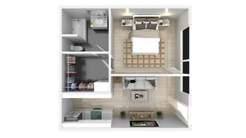 a rendering of a 3d floor plan of a studio apartment  at The Preston at Hillsdale, San Mateo, California