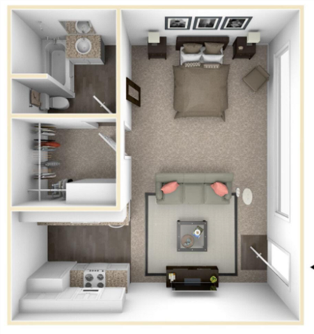 a floor plan of a suite with a bedroom and a living room  at The Preston at Hillsdale, San Mateo