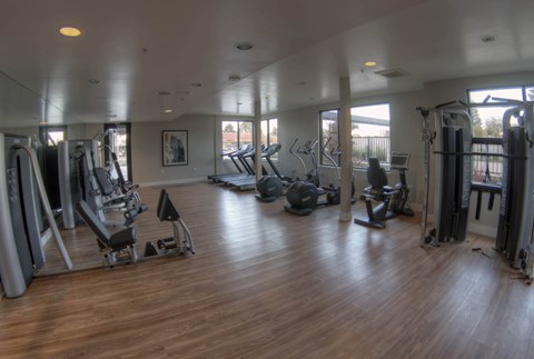 A spacious gym with a variety of equipment at Catalyst Mountain View, Mountain View, CA